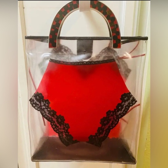 Vtg JOHN GALLIANO Unique Red with Black Lace “Lingerie” Vinyl Handbag - Picture 2 of 6